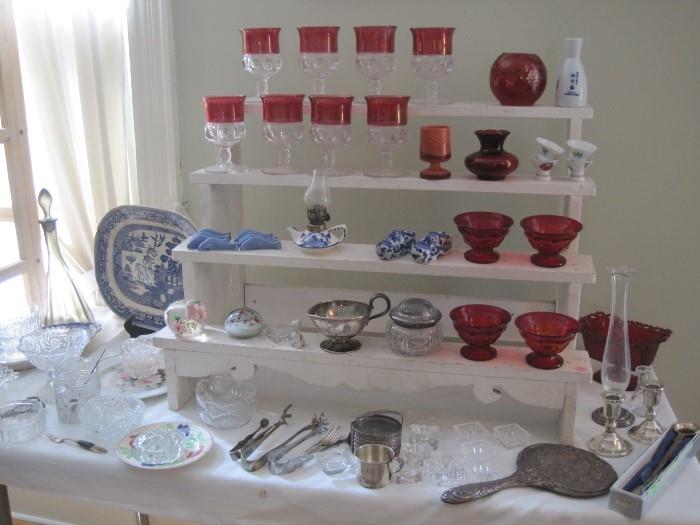 ruby red glass silver plate pieces