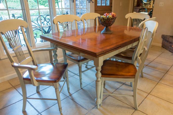 Country Style Refractory Table & Six Chairs (Two Host), Painted in Soft Sage w/ Rust Finish Top & Seats, Table 40"W x 60"L w/ Two 16" Pull-out Leaves