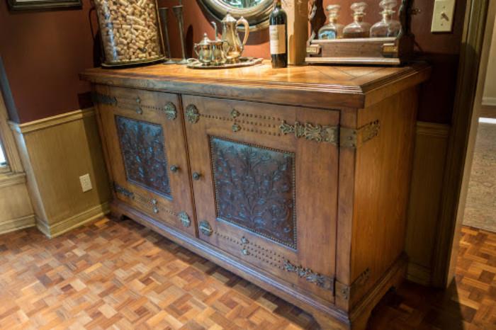 Server, Parquetry Top, Cabinet Doors Inset w/ Floral Embossed Leather, Lots of Brass Hobnail Trim, Adjustable Shelf Interior, 72"W x 22-1/2"D x 40-1/2"H