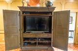 Lg. Entertainment Armoire That Will Hold up to a 60"TV,  Fluted Column Corners, Dentil Molding Crown, Dark Finish, 69"W x 32"D x 85"H
