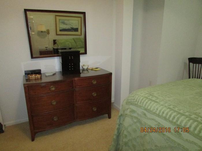 Mahogany chest and mirror, full bed and mattress