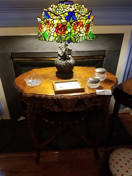 Gorgeous oversized leaded glass lamp with raised panels floral shade