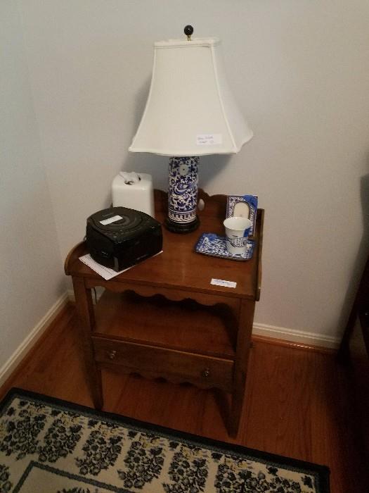 DREXEL nighstand shown with some of the many blue and white ceramic decorative items