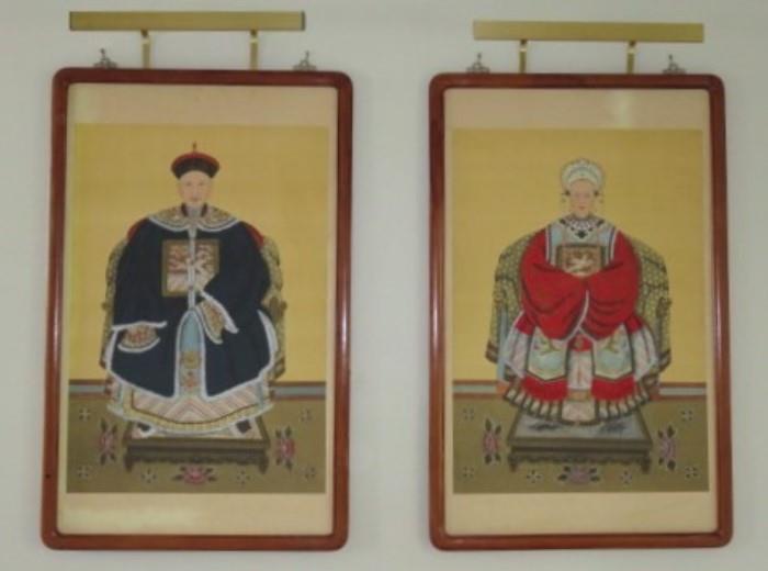 Pair Large Antique Chinese Emperor & Empress Framed Paintings