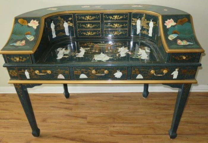 Oriental Chinese Gilt Lacquer Desk with Soapstone Geisha Girl Design