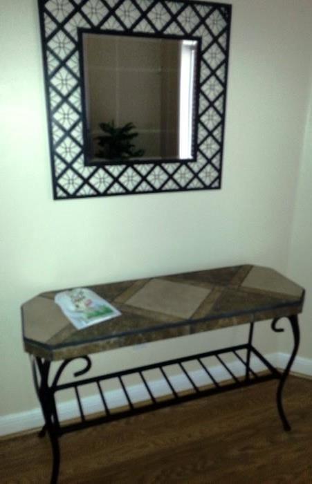 Tile top entry table and mental frame mirror