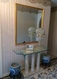 Custom framed mirror and glass top foyer piece, etc
