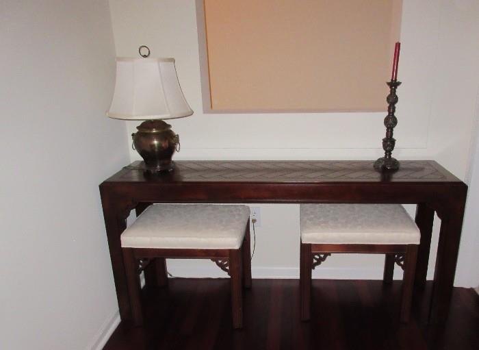 SOFA TABLE W/ 2- BENCHES / BRASS LAMP / CANDLE STICK