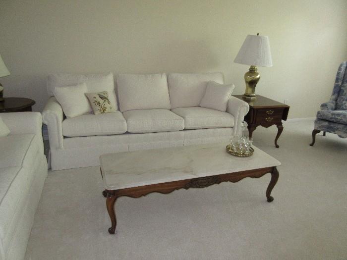 ETHAN ALLEN WHITE SOFA AND LOVESEAT / MARBLE TOP COFFEE TABLE