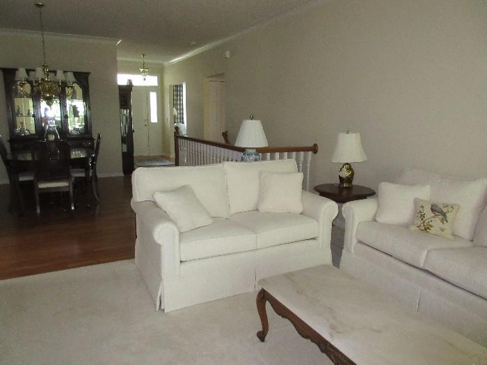 ETHAN ALLEN WHITE SOFA AND LOVESEAT/ MARBLE TOP COFFEE TABLE / DREXEL SIDE TABLES