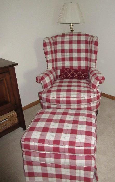 RED PLAID CHAIR AND OTTOMAN / FLOOR LAMP