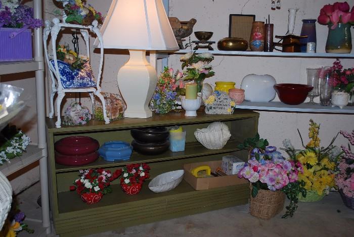 Lots of vintage vases along with very nice artificial flowers