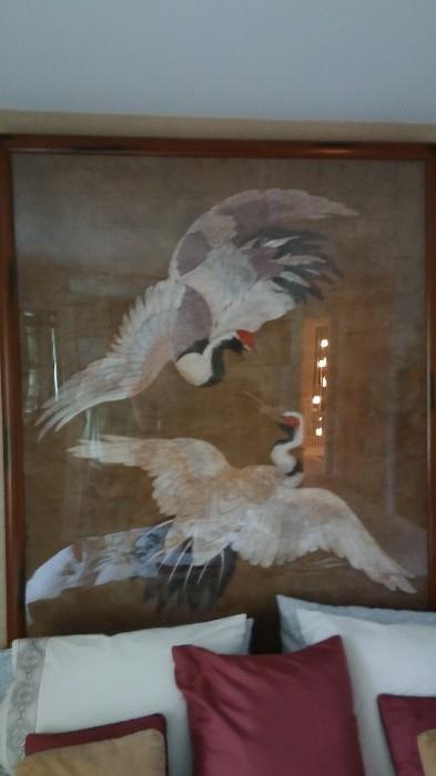 6' Tall X 5' Wide X 4" Deep Asian Painting Framed under Glass of two (2) Red Headed Cranes in A Landscape. Signed Art.