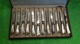 Marked Sterling Silver Tableware Flatware Fish Knife Set with beautiful Mother of Pearl Polished Handles in A Satin Lined and Finished Original Wooden Box.