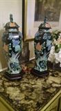 A Pair of Tall Chinese 6-Sided Ginger Jars with Foo Dog Fu Dog Finial Lids on Custom Made Rosewood? Hexagonal Wooden Bases or Stands.