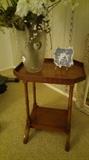 American made hardwood occasional table stand.
 "Germany" marked early 3-D. 3 Dimensional angel cherub cherubim relief moulded molded plaque from Europe over 100 years old. Huge "Eye Ball" Art Deco Frosted and Clear Lead Crystal Vase. Tall and Post WW I and Pre WW II. Swoop them all up Fast -won't Last!!