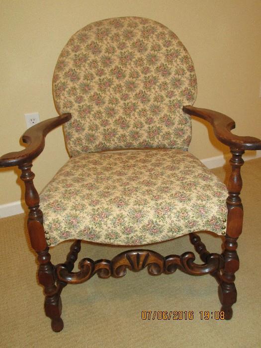 Antique hand carved wood chair with upholstery, excellent condition