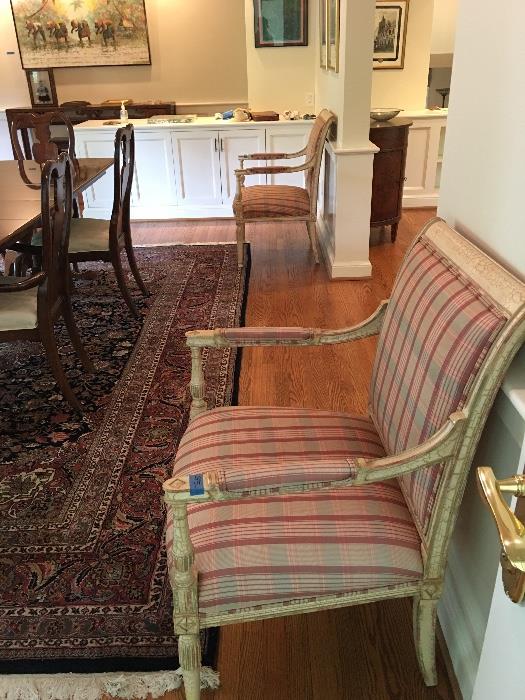 Pair/silk upholstered occasional chairs