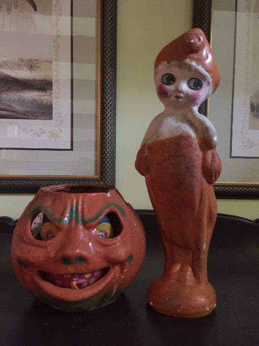 Antique paper mache Halloween Candy Container and Art Deco chalk-ware figure