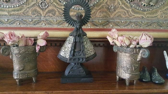 Carved Madonna & Vases