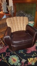 One of a pair of Leather Chairs with Fabric Upholstery 