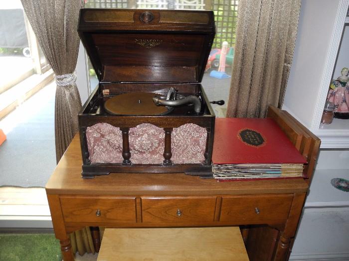 Tabletop Victrola and records