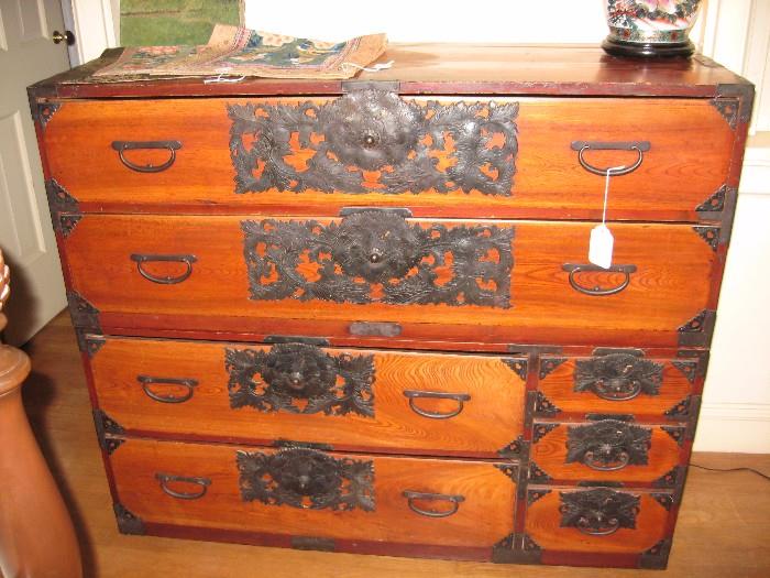 Japanese Tansu camphor wood chest on chest.