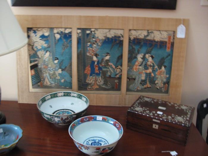 Japanese woodblock Triptych, Asian bowls, and Rosewood inlaid box.