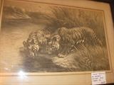 1911 engraving of tigers at water's edge.  