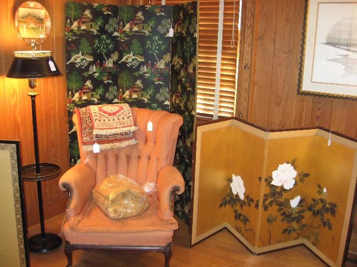 Vintage reproduction chair, folding screens, tole floor lamp.