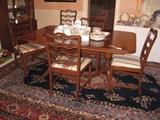 Stratton Americana Duncan Phyfe style dining room table with six ribbon-back chairs - 2 armchairs and 4 side chairs.  Romanian Oriental carpet woven of the best wool.  Persian design. Just cleaned.  9X12