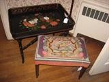 Large painted wood or Papier Mache tray on folding stand and a small bench with needlepoint seat.