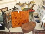 Iron sewing machine frame, "Kitty" game board, Metal fish, oval cast iron boiler and more!
