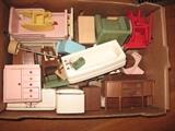 Box of assorted dollhouse furniture - many pieces signed.