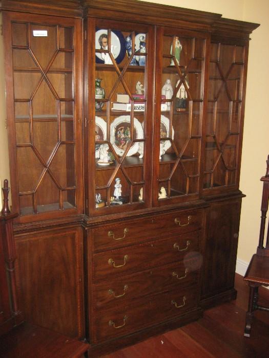 HENKEL HARRIS MAHOGANY BREAKFRONT CHINA CABINET WITH SILVER FLATWARE DRAWER