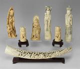 Carved Asian & African Ivory: 201) Detailed Carved Ivory Tusk, Wise Men in a Ming Tree Forest, 21”L; 202) Pr Royal Couple, 12” tall.