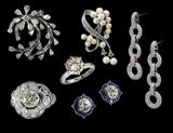 Important Estate Jewelry: 23) Retro Platinum 8 Ctw Diamond Brooch; 89) Diamond & Pearl Brooch/Pendant; 60) Sophia D Platinum Stud Earrings, 1.60 Ctw Diamond Solitaires Framed in Sapphires ; 61) Fabulous Diamond Ring with 1.5 Ct Diamond.