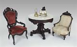 Fine Victorian Furnishings: 34) Carved armchair in the style of Roux; 32) Carved Rosewood Marble Top Parlor Table; 33) Carved and Painted Rosewood Chair