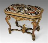 11) Pietra Dura Marble Top Table: Parcel gilt table with cherub mounted cross stretcher and intricately inlaid marble top. 30 1/2” h. x 37” x 25”