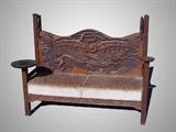 141) Richly Carved Walnut Dragon Motif High Back Bench: Signed Henrietta, 52”h x 62 ½”