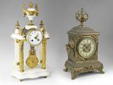 A.D. Mougin French Marble and Ormolu Portico clock, 19” h.; 104) Japy Freres French Brass Mantle Clock, 15 ¾” h.