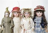 Closer view of Exquisite Rare French Dolls: 81) Jumeau Poupee, 18”h; 82) Tete Jumeau, 22” h; 83) Jumeau Paris Doll, 22”h ; 84) SFBJ Walker Doll, 21”. No Reserves