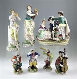 EARLY CAPODIMONTE MUSICAL FIGURINES, LARGE GERMAN PORCELAIN FIGURAL GROUP, AND 4 PIECE DRESDEN PORCELAIN MONKEY BAND.
