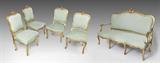 FRENCH LOUIS XV STYLE CARVED GOLD GILT COUCH AND SET OF 4 LOUIS XV STYLE GILT WOOD CHAIRS.