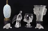 Important Lalique Glass: Iridescent Ronces Lamp; Crystal Dove,10 ½”; Bagheera Lion Paw Vase, 8 ½”; Saint Emilion Vase, 10” h.; and Gregoire Toads.