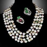 4 STRAND PEARL NECKLACE WITH 8.54 CTW. DIA. CLASP; 18K RING SET W/2.76 CT. RUBY, 1.75 CTW DIA. & 2.05 CT. EMERALD. 18K DOUBLE CABOCHON EMERALD RING.