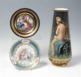 A Breath Taking 18” tall Royal Vienna “Badende Nymphe” Vase and Two Royal Vienna Cabinet Plates.