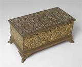 EMBOSSED BRASS HUMIDOR HINGED TOP BOX: Mythological hunt scene on hinged top with other mythological scenes on sides, on 4 feet. Later green felt lining. Measures 5 1/2" x 11 1/2" x 6 1/2".