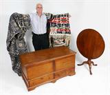 Lot 81: 1840 FOUR COLOR JACQUARD COVERLET MIAMI CO. OHIO: ''Michael Franz Miami Co Ohio 1840. Four colors; tomato red, navy blue, dark green and natural. Measures approx. 85'' x 75'', excluding fringe
Lot 91:  JACQUARD COVERLET INDIANA 1850: ''New Castle Henry County Indiana 1850''. Two color, black and natural, lily floral border. Measures approx. 89'' x 77''.
Lot 92:  1853 BENJAMIN LICHTY BRISTOL COUNTY JACQUARD COVERLET: Two color. ''B Lichty Bristol County Ohio 1853''. Measures approx. 84'' x 72''.