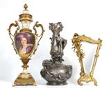 Lot 3:  Monumental French Sevres Porcelain Urn, 31" h; Lot 26: Gilt Bronze, Easel Back Petticoat Mirror, 21"h; Lot 122:  Silver Gilt Art Nouveau Mermaid Vase, 23 1/4" h.